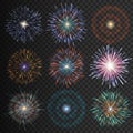 Collection festive fireworks of various colors arranged on a black background. Isolated outbreaks transparent to paste Royalty Free Stock Photo