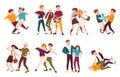 Collection of fighting children. Conflicts between kids, violent behavior among teenagers Royalty Free Stock Photo