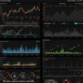 A collection of financial charts displayed on a black background, showing various Royalty Free Stock Photo