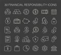 A collection of financial responsibility icons, representing savings, investments, taxes, and debt management