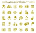 A collection of financial responsibility icons, representing savings, investments, taxes, and debt management