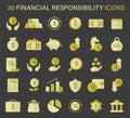 A collection of financial responsibility icons, representing savings, investments, taxes, and debt management