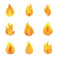 Collection of fire icons. Burning fire flame in flat cartoon style. Vector isolated illustration Royalty Free Stock Photo