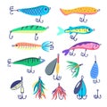 Collection of fishing baits. Various types of fishing lure with floating and hook isolated on white background. Colorful vector Royalty Free Stock Photo