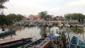 a collection of fishing boats on a mangrove forest beach