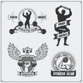 Collection of fitness labels, emblems, badges, logos and design elements. Silhouette of bodybuilder.