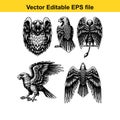 collection of five black and white eagle illustrations in various poses and styles isolated on white background Royalty Free Stock Photo