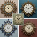 A collection of five elaborately designed wall clocks, each with distinct styles. The Royalty Free Stock Photo