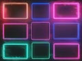 A collection of five elegant and empty neon signboards, each with a unique design and vibrant color border. Royalty Free Stock Photo