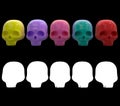 collection of five glossy plastic skulls isolated on black