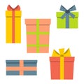 Collection of five multi colored gift boxes. Royalty Free Stock Photo