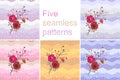 Collection of five seamless patterns or greeting cards with bright bouquet on multicolor polka dot background.