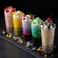 Assortment of colorful bubble tea drinks with fruit toppings and ice boba tea beverage Royalty Free Stock Photo