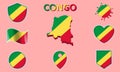 Collection of flat national flags of Congo with map Royalty Free Stock Photo