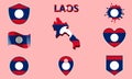 Collection of flat national flags of Laos with map Royalty Free Stock Photo