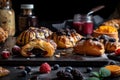 collection of flaky puff pastries with fruit fillings and drizzled with melted chocolate