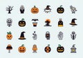 Halloween holiday spooky icons set featuring pumpkins, witches, ghosts, and bats Royalty Free Stock Photo