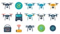 A collection of flat-design illustrations depicting various dron Royalty Free Stock Photo