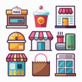 Collection of flat design retail shops and stores with various storefronts and product icons Royalty Free Stock Photo