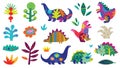Collection of flat dinosaurs silhouette and plants inside