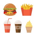 Collection of flat fast food icons isolated on white background