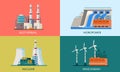 A collection of flat illustrations of geothermal, nuclear, hydropower and wind power plants.