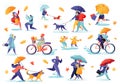 Collection of flat people characters walking under umbrella on autumn rainy day. Royalty Free Stock Photo