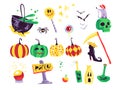 Collection of flat vector halloween traditional decoration elements isolated on white background. Royalty Free Stock Photo