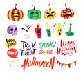 Collection of flat vector halloween traditional decoration elements isolated on white background.