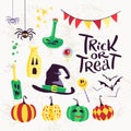 Collection of flat vector halloween traditional decoration elements on white background.