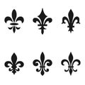 Collection of fleur de lis symbols, black silhouettes - heraldic symbols. Vector Illustration. Medieval signs. Glowing french fleu