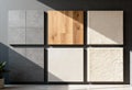 A collection of flooring samples including wood, tile, and carpet for interior design. Home renovation and material selection Royalty Free Stock Photo