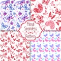 Collection of floral seamless pattern with decorative hearts and butterflies. Vintage seamless ornament in blue and pink colors. Royalty Free Stock Photo