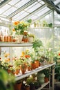 collection of flowering plants in ceramic pots, nestled within a glassed-in greenhouse, botanical for gardening