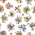 Collection of flowerpots seamless pattern background, watercolor painting style