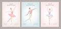 Collection of flyer templates with elegantly dressed male and female ballet dancers in various poses. Flat cartoon