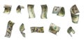 Collection of flying banknotes of hundred dollars. View from different angles Royalty Free Stock Photo