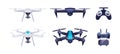 Collection of flying drones. Set modern electronic device for observation or surveillance from air Royalty Free Stock Photo
