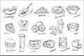 Vector set of food and drinks icons in sketch style. Sweet desserts, fastfood, fresh fruits, beverages, canned cucumbers