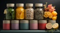 A collection of food-filled jars showcasing various types of delicacies, spices and jam