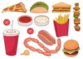 A collection of food items such as pizza, thick sausages, hamburger, kebab, sandwich and more. For restaurants, menus