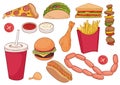 A collection of food items such as pizza, thick sausages, hamburger, kebab, sandwich and more. For restaurants, menus