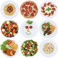 Collection of food meals with pizza, salad, pasta, spaghetti and