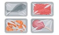 Collection of Food Plastic Tray Containers with Transparent Cellophane Covers, Fresh Minced Meat, Shrimps and Fish Royalty Free Stock Photo