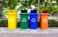 Collection food waste, infection, biodegradable, non biodegradable and recycle trash bin. Four colors recycle bins on the street Royalty Free Stock Photo