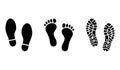 Collection of footprints shoes human walking and shoe sole feet footsteps people. Footsteps icon or sign for print Royalty Free Stock Photo