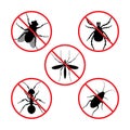 A collection of forbidding signs. Stop the fly, cockroach, tick, stop the ant, stop the mosquito.Crossed out warning