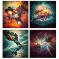 A collection of four abstract digital artworks featuring complex geometric shapes and Royalty Free Stock Photo