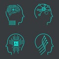 Collection of FOUR Artificial intelligence icons. Set in line style, machine learning, smart robotic head and cloud computing Royalty Free Stock Photo