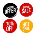 Collection four circle badges for announcement discount. Vector illustration